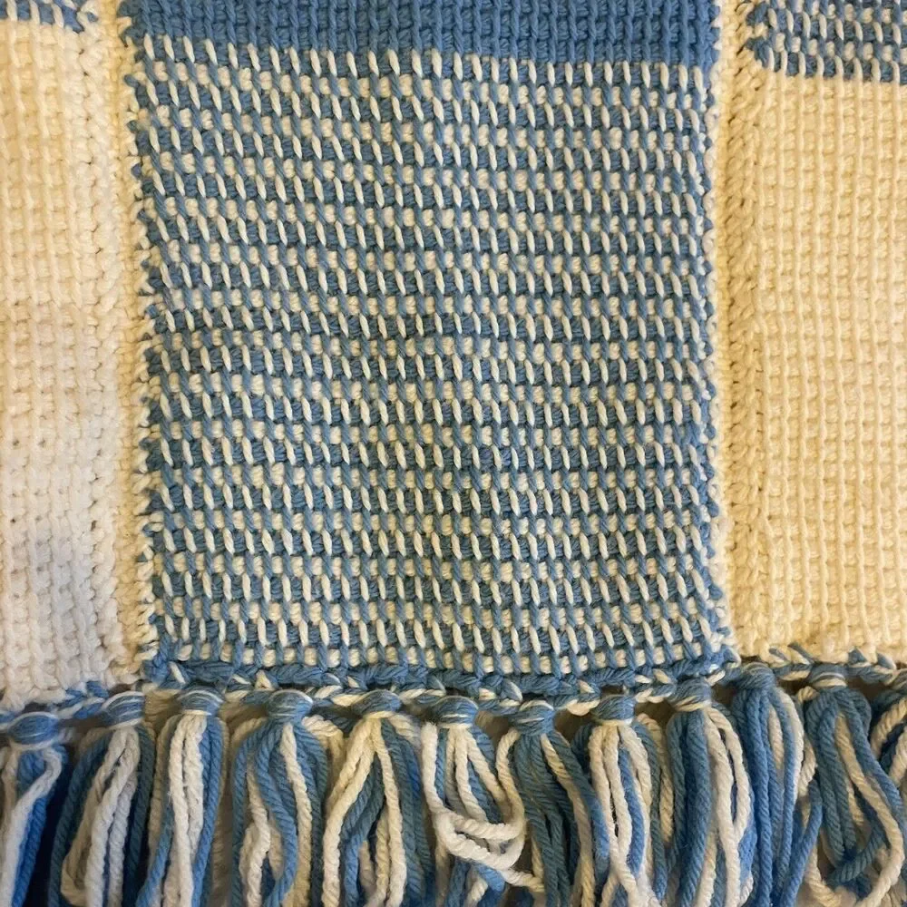 Handmade Crocheted Granny Square Bird Afghan Throw Lap Blanket Blue Cream 46x64”